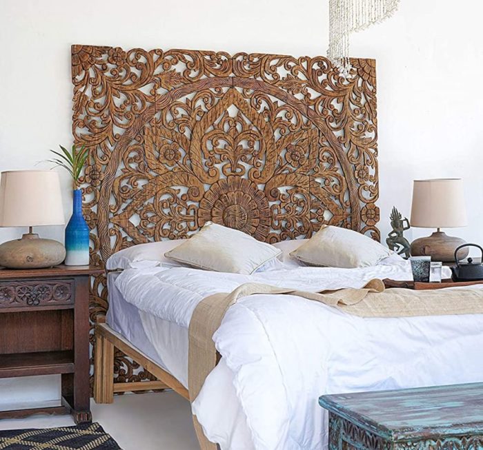 Balinese Hand Carved King Size Bed Headboard Reclaimed Wooden Panels